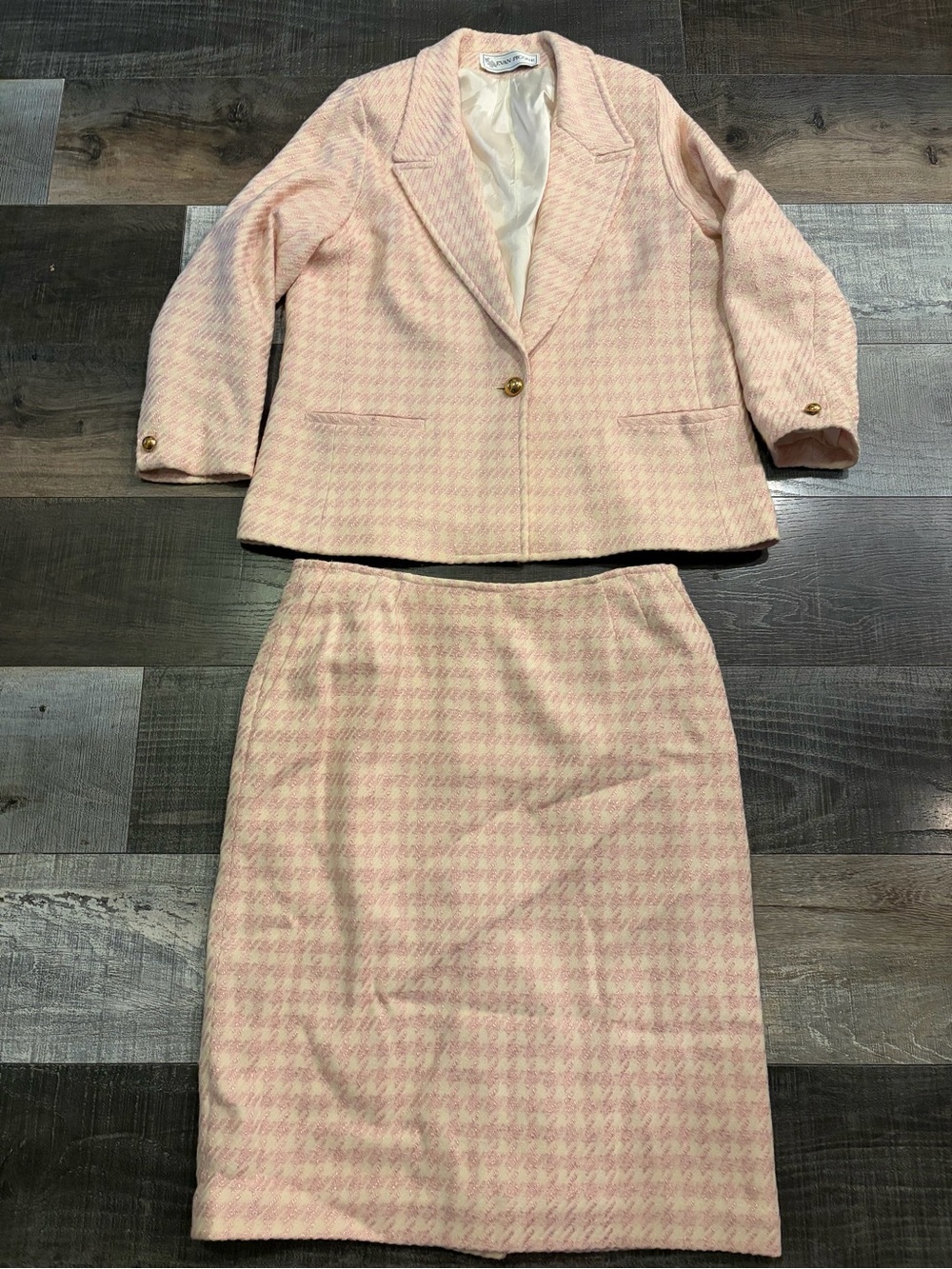Evan Picone Pink Houndstooth Blazer Skirt Suit Set Estimated Size 10
